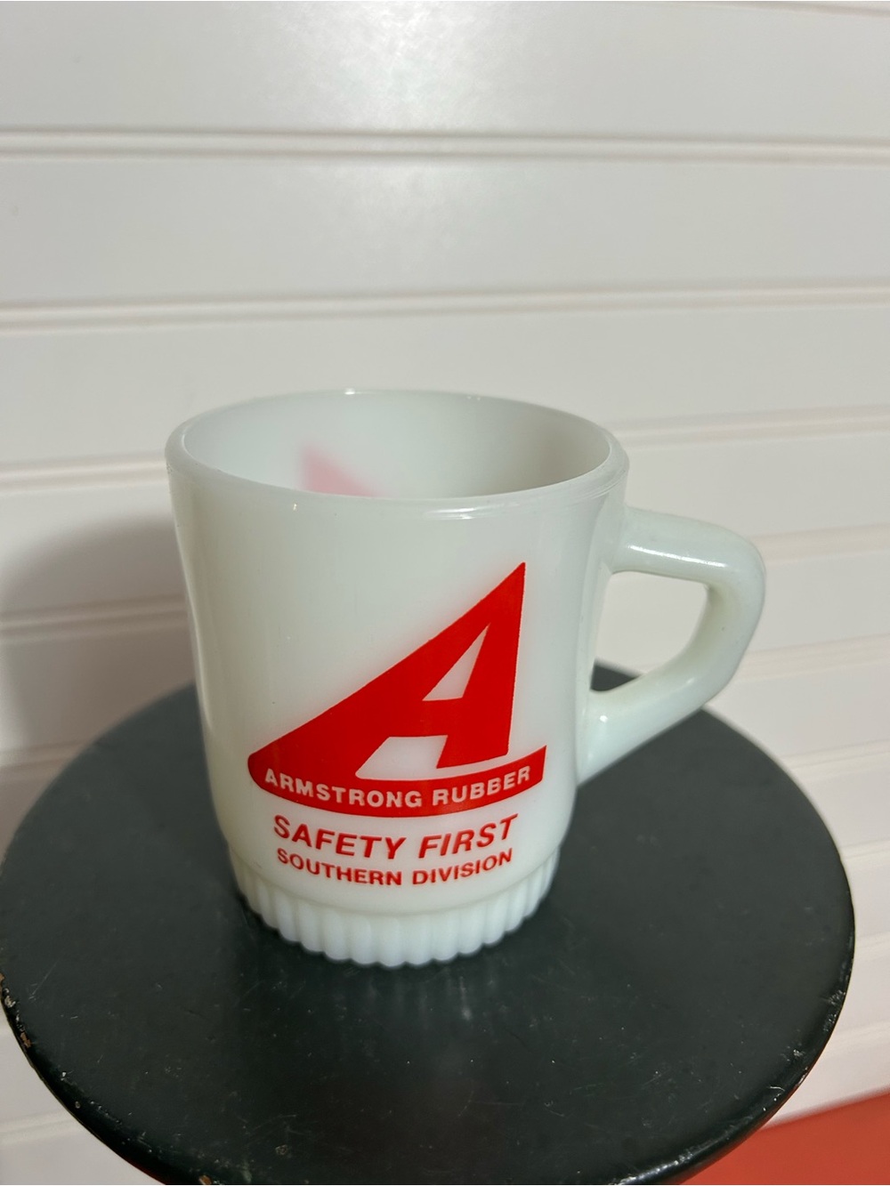 Vintage Fire King milk glass advertising coffee mug Armstrong Rubber